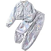 WDIRARA Girl's 2 Piece Holographic Outfit Flap Pocket Zip Up Jacket and Elastic Waist Pants Set