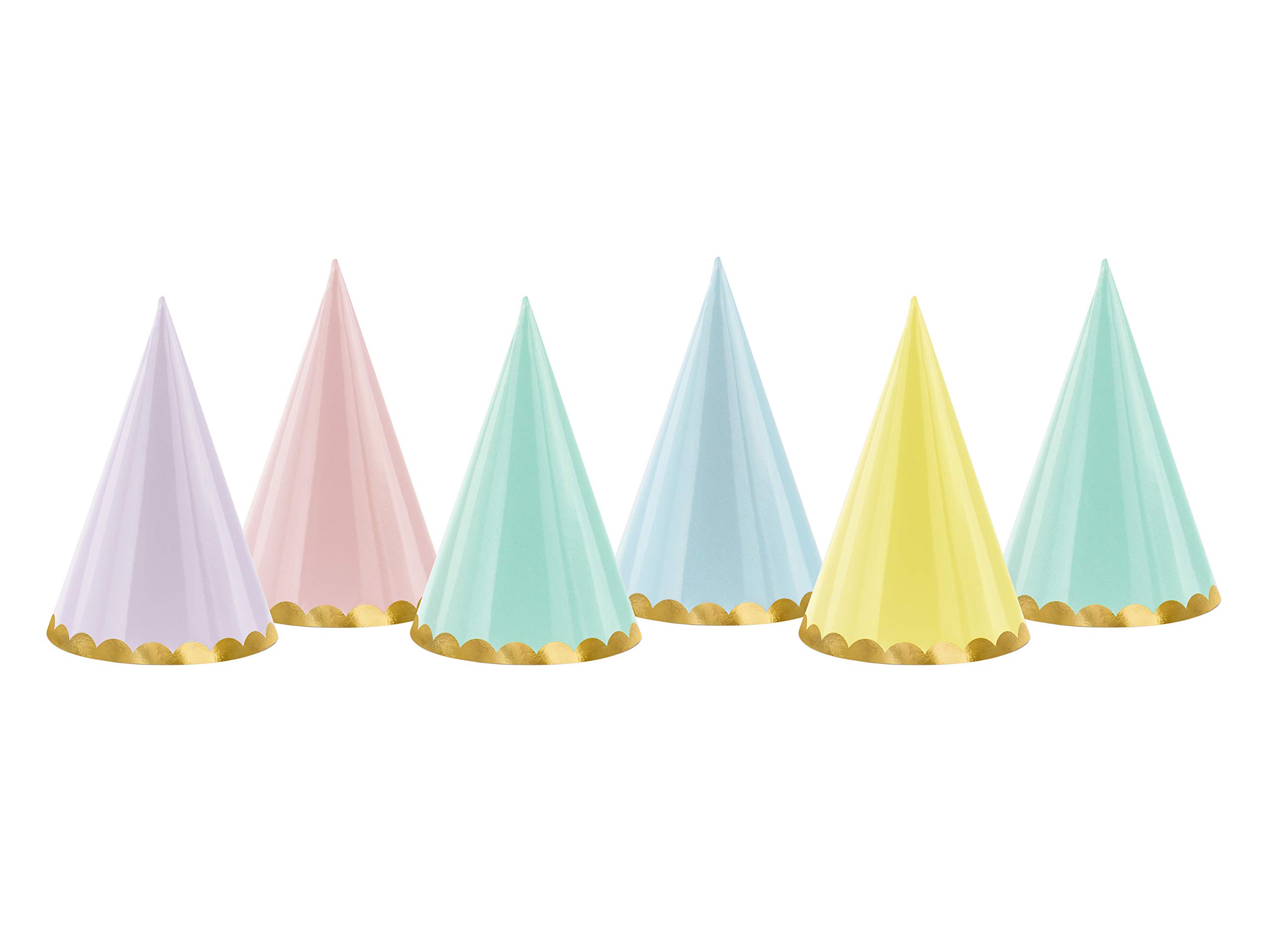 PartyDeco Cone Caps – Pack of 6 Pastel-Coloured Party Hats with Gold Piping, Ideal for Birthdays and Celebrations