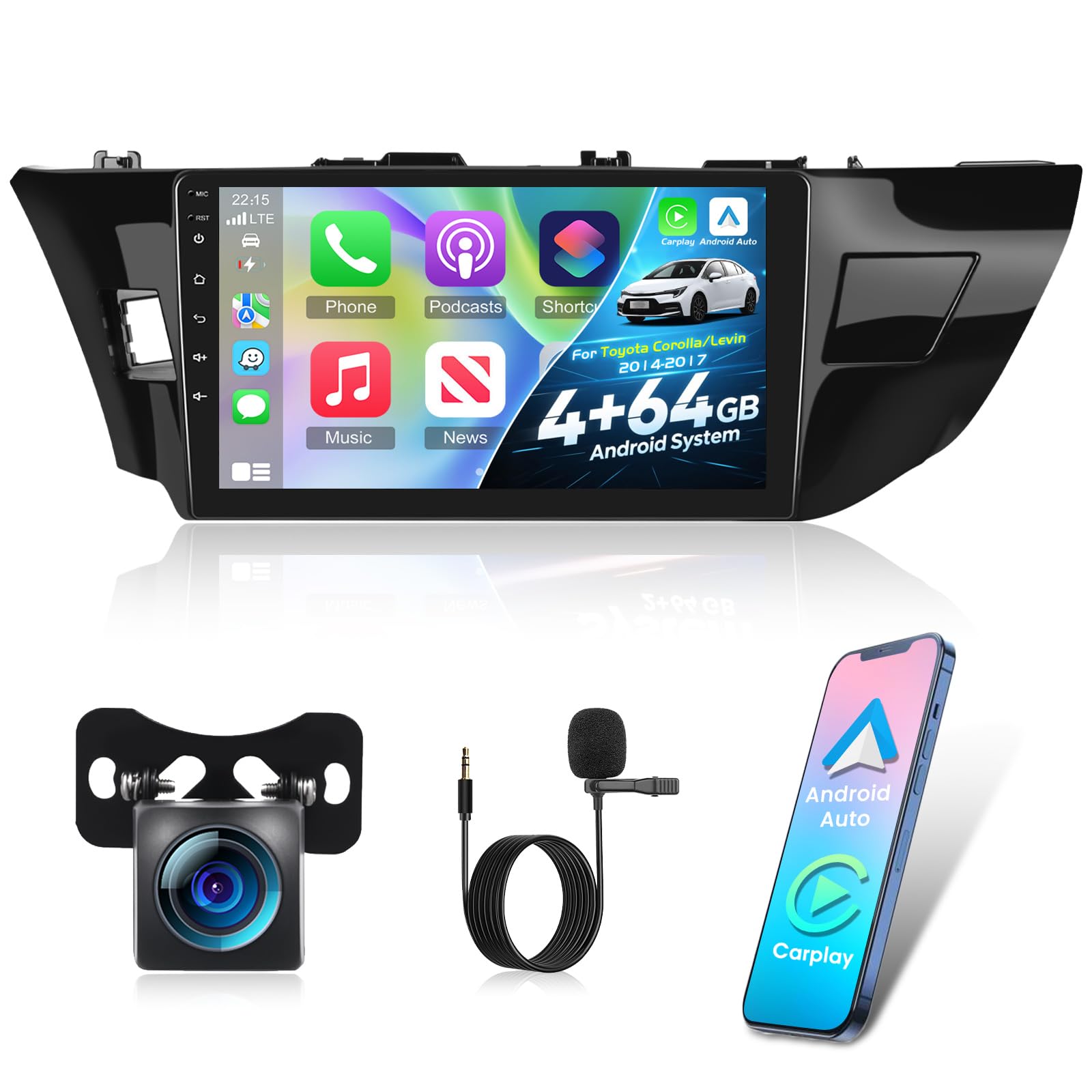 Photo 1 of [4+64G] NHOPEEW Car Radio for Toyota Corolla/Levin 2014-2017 - Wireless Carplay and Android Auto - 10 Inch Touchscreen Android Car Stereo - EQ Audio/WiFi/GPS/SWC/Bluetooth + AHD Backup Camera