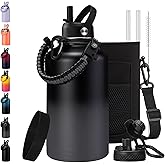 Half Gallon Water Bottle with Straw - Chug Lid, Paracord Handle, Silicone Boot, Keep Ice Cold-48H & Hot-24H, Vacuum Insulated Water Jug with Carrier Bag, 64 oz Metal Insulated Water Bottle for Man