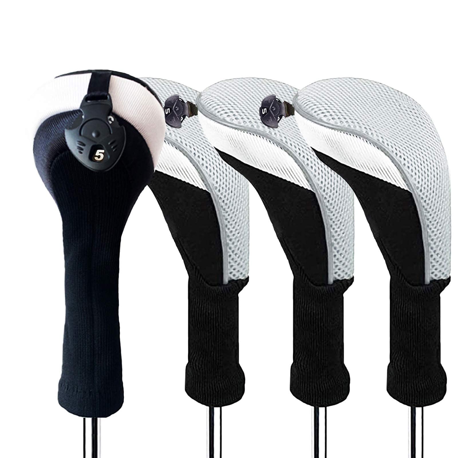 FINGER TEN Golf Club Head Covers Woods Hybrids Long Cover, Headcovers with Interchangeable No. Tags Fit All Hybrids Wood Clubs Light Durable (Grey-4 Pack Hybrid Covers)