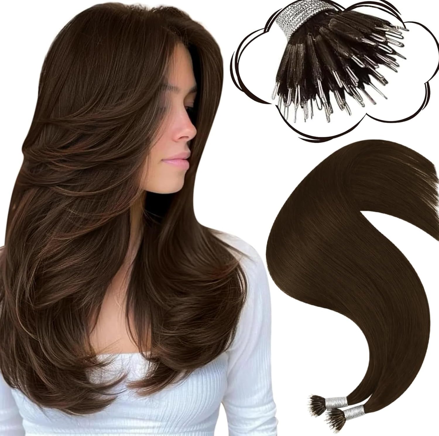 Moresoo Nano Ring Hair Extensions Dark Brown Nano Hair Extensions Real Human Hair 14 Inch Brown Remy Straight Hair for Women Natural Looking 1g/s 50g/Pack #4 — image 1