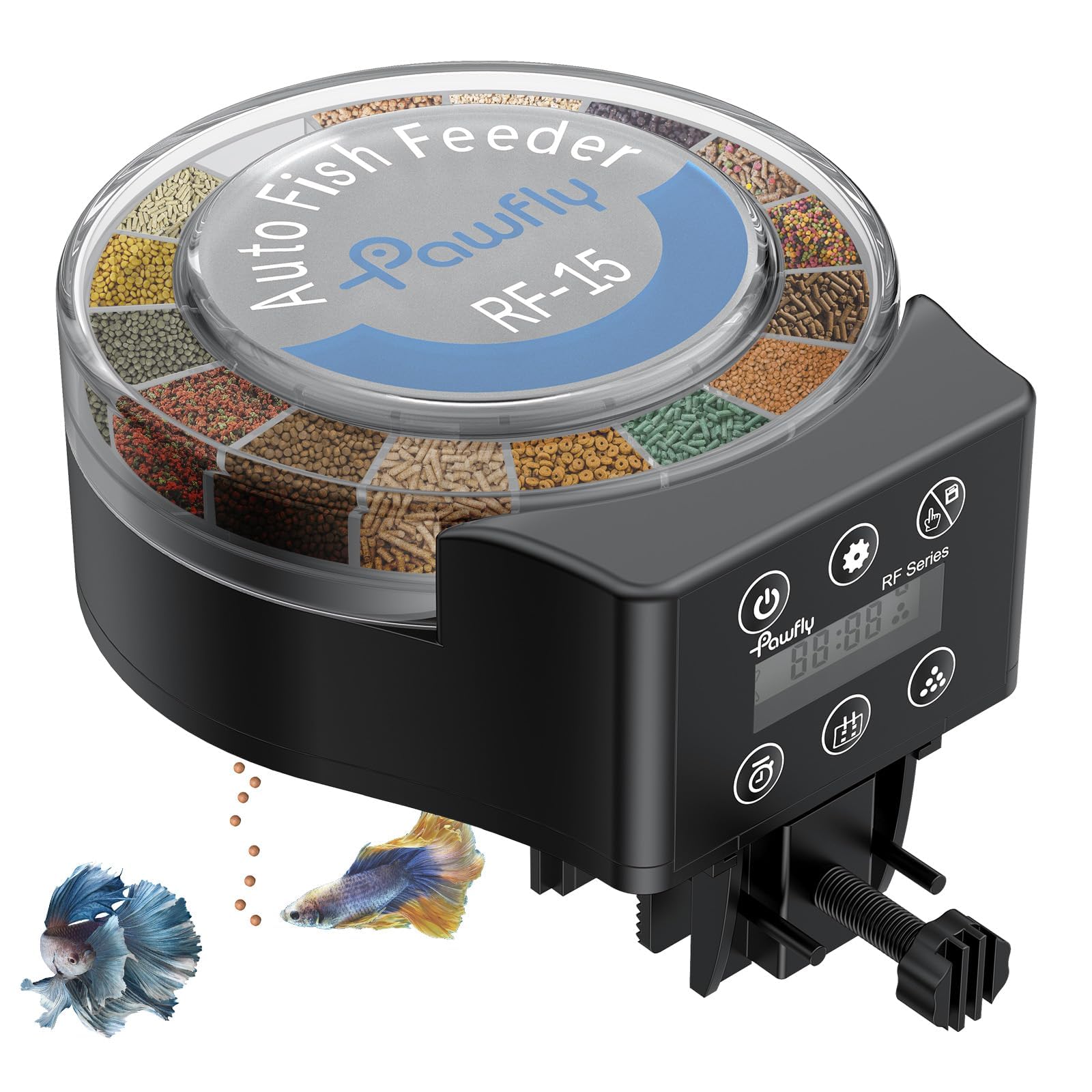 Photo 1 of Pawfly Aquarium Automatic Fish Feeder, 108 mL Food Dispenser for Pellets Powder and Granules, Adjustable Timer Feeder for Fish Tank, Battery Powered (Batteries Not Included)