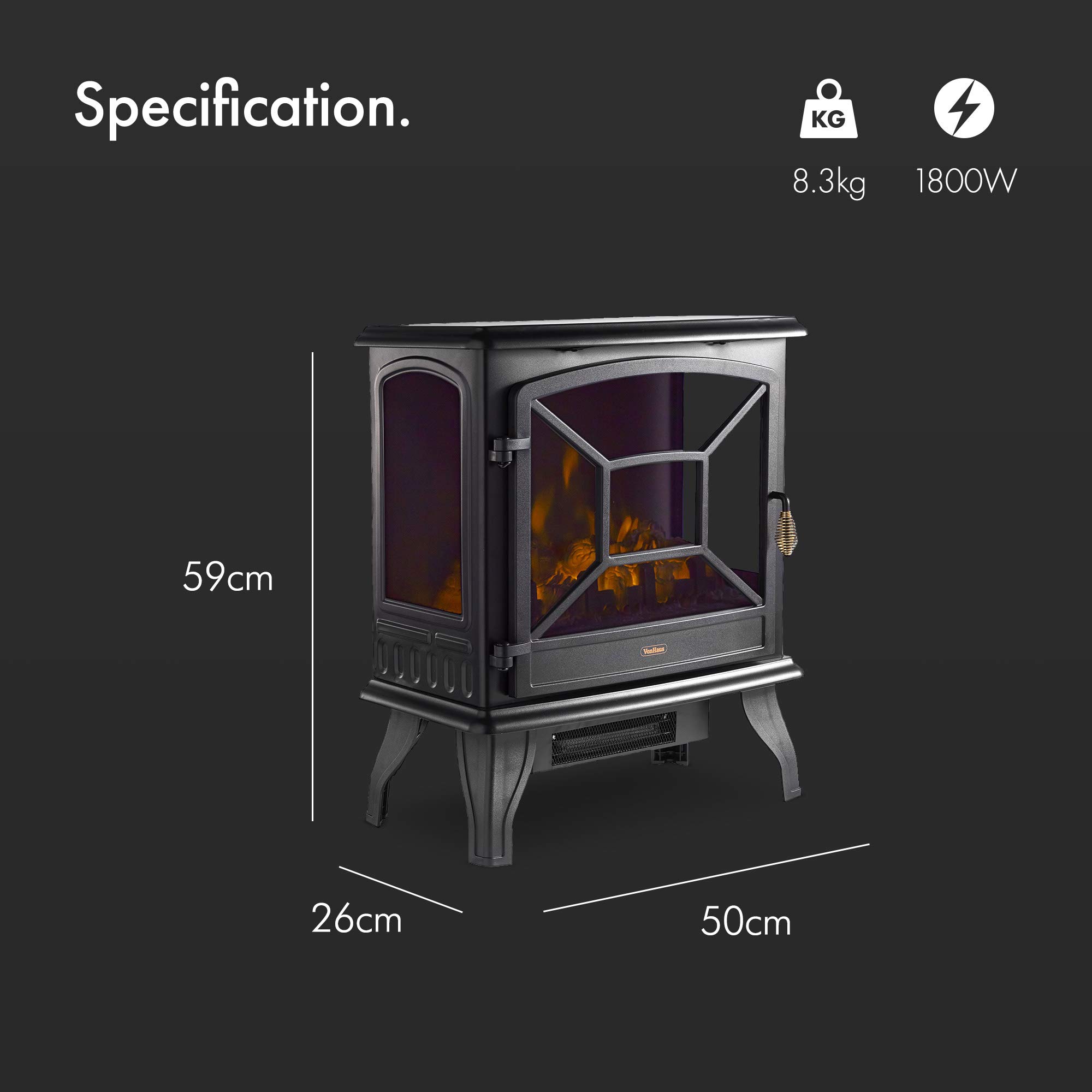 VonHaus Panoramic Electric Stove Heater 1800W Fireplace with LED Log