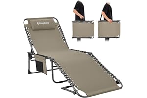 KingCamp Lounge Chair Outdoor, Folding Portable Tanning Chairs Comfy Adjustable 5-Position Lay Flat Foldable Chaise Chaser Lounger with Pillow for Outside Beach Patio Sun Bathing Pool, Beige