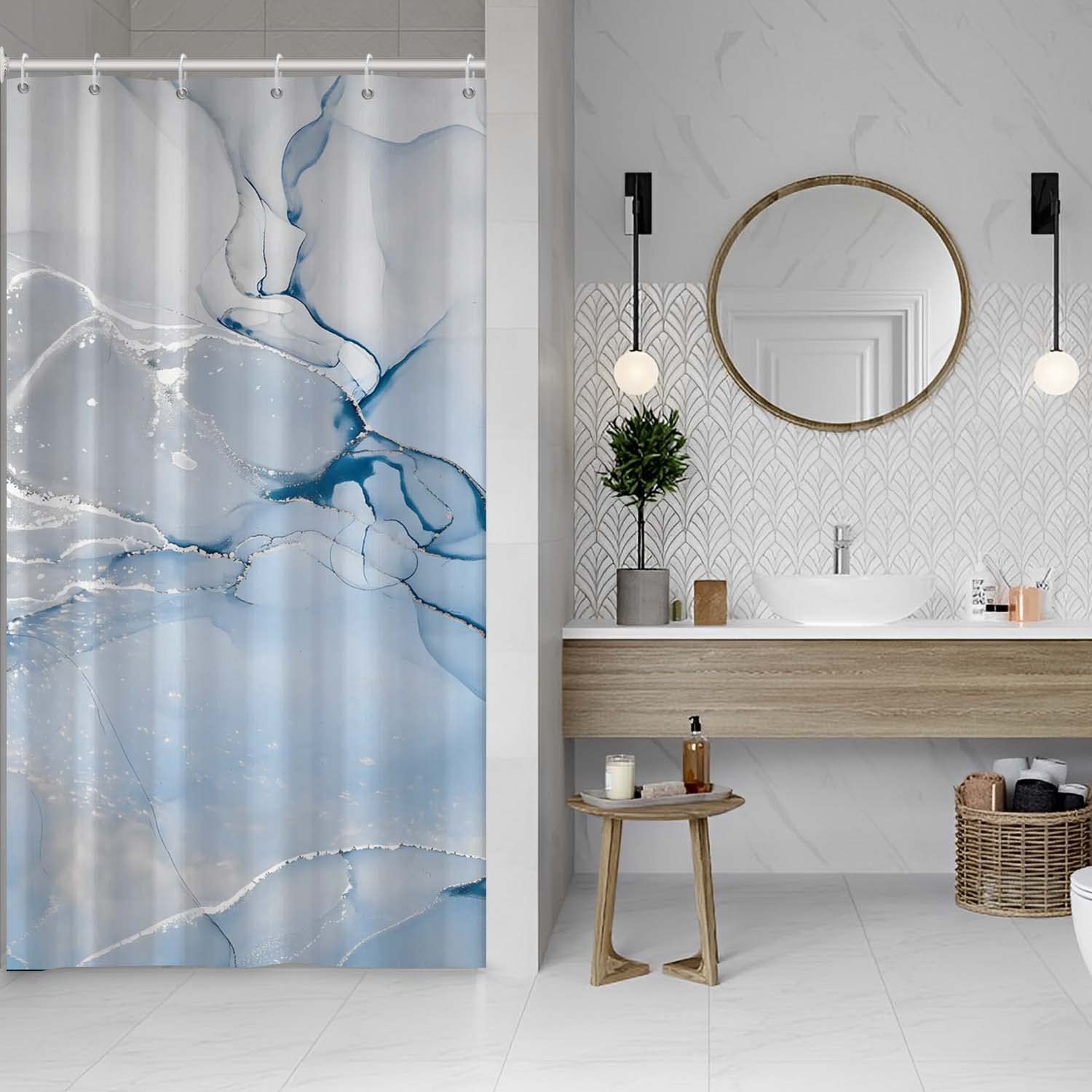 MIRRORANG Blue Marble Stall Shower Curtain, Colorful Marble Element and White Ink Shower Curtain Sets with Hooks for Bathroom Home Decor,Waterproof Polyester, 36 x 72 Inches — image 1