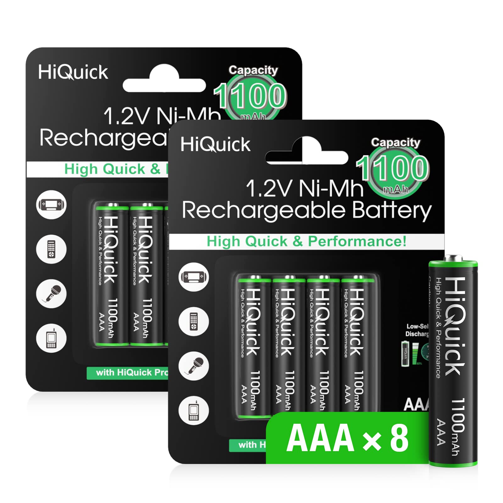 HiQuick AAA Rechargeable Batteries 1100mAh, 8 AAA Rechargeable Battery 1.2V High Performance, Retailer Package