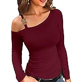 VICHYIE Womens Sexy Asymmetrical Neck Long Sleeve Cold Shoulder Shirts Ribbed Knit Slim Fitted Trendy Fashion Tops