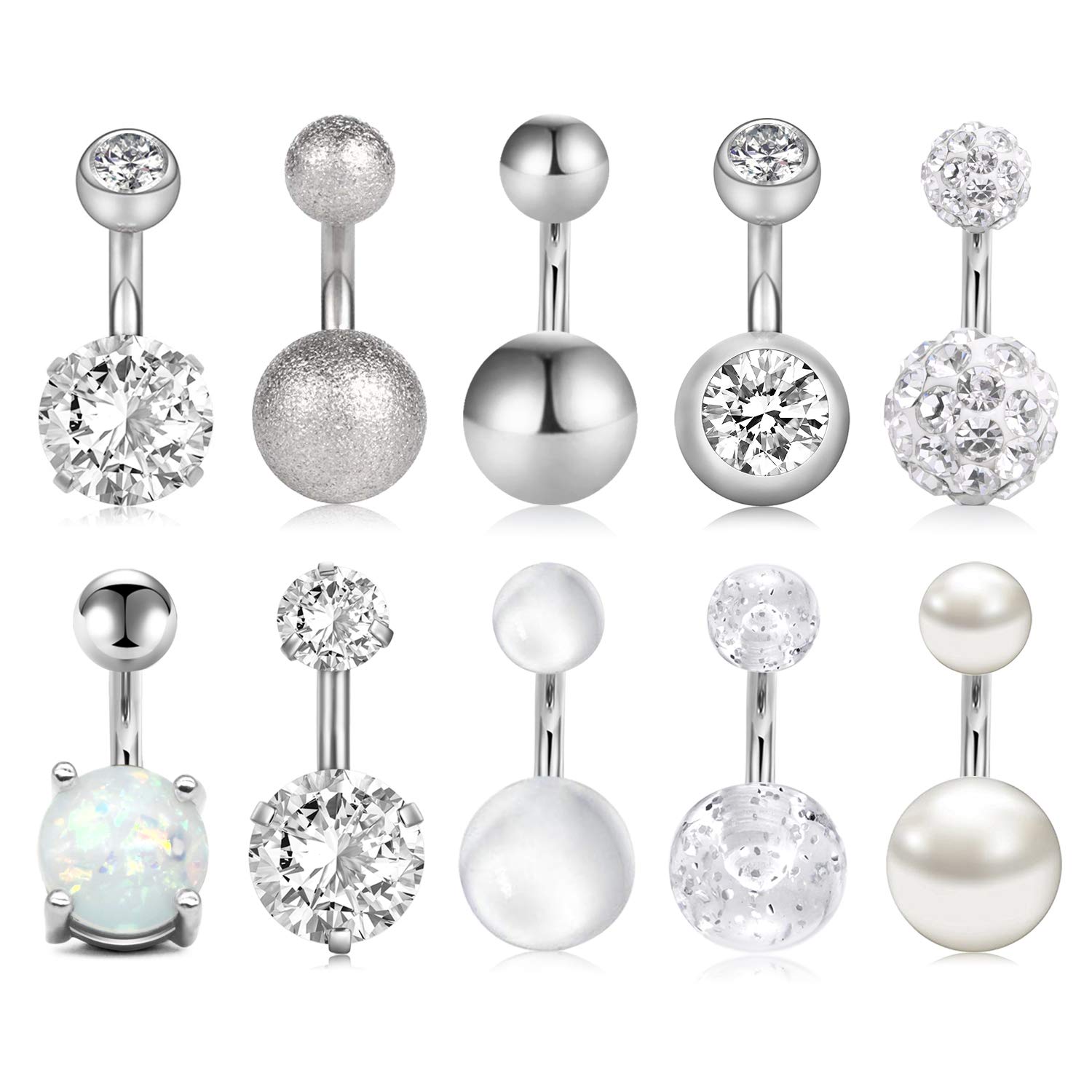JFORYOU 10PCS 14G 316L Stainless Steel Womens Belly Button Rings for Girls Navel Rings 6mm Bannan Barbell Body Piercing Jewelry