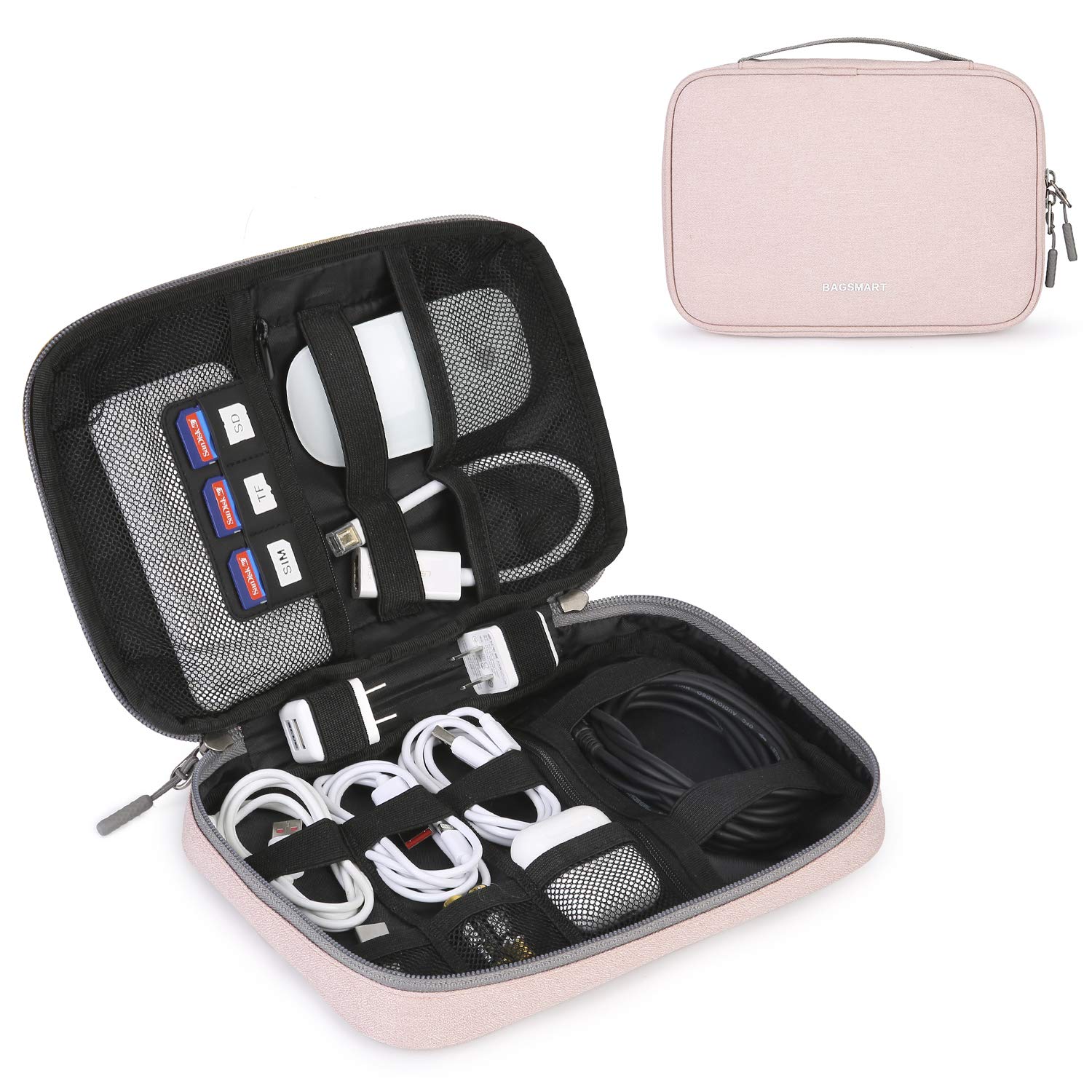 BAGSMART Electronic Accessories Organizer Bag,Travel Cable Organiser Bag, Cable Tidy Storage Case for Charging Cable, Chargers, Hard Drives, USB Sticks, Powerbank,Headphone,Pink