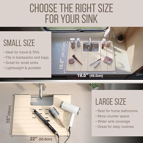 MAPLEFIELD BATHROOM SINK COVER FOR COUNTER SPACE, HEAT RESISTANT SILICONE SINK MAT FOR YOUR BEAUTY ROUTINE, SMALL BATHROOM SPACE SAVER SINK COVER FOR MAKEUP (BEIGE LARGE, 22 X 2 X 2 INCHES)