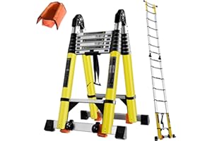 NUNET 18FT A Frame Telescoping Ladder w. Balance Bars/Wheels/Tools Bar, Aluminum Extension Ladder Collapsible to 39" Portable Adjustable Foldable 7+7 Foot Step Ladders 330lbs Capacity (EN131 Approved)