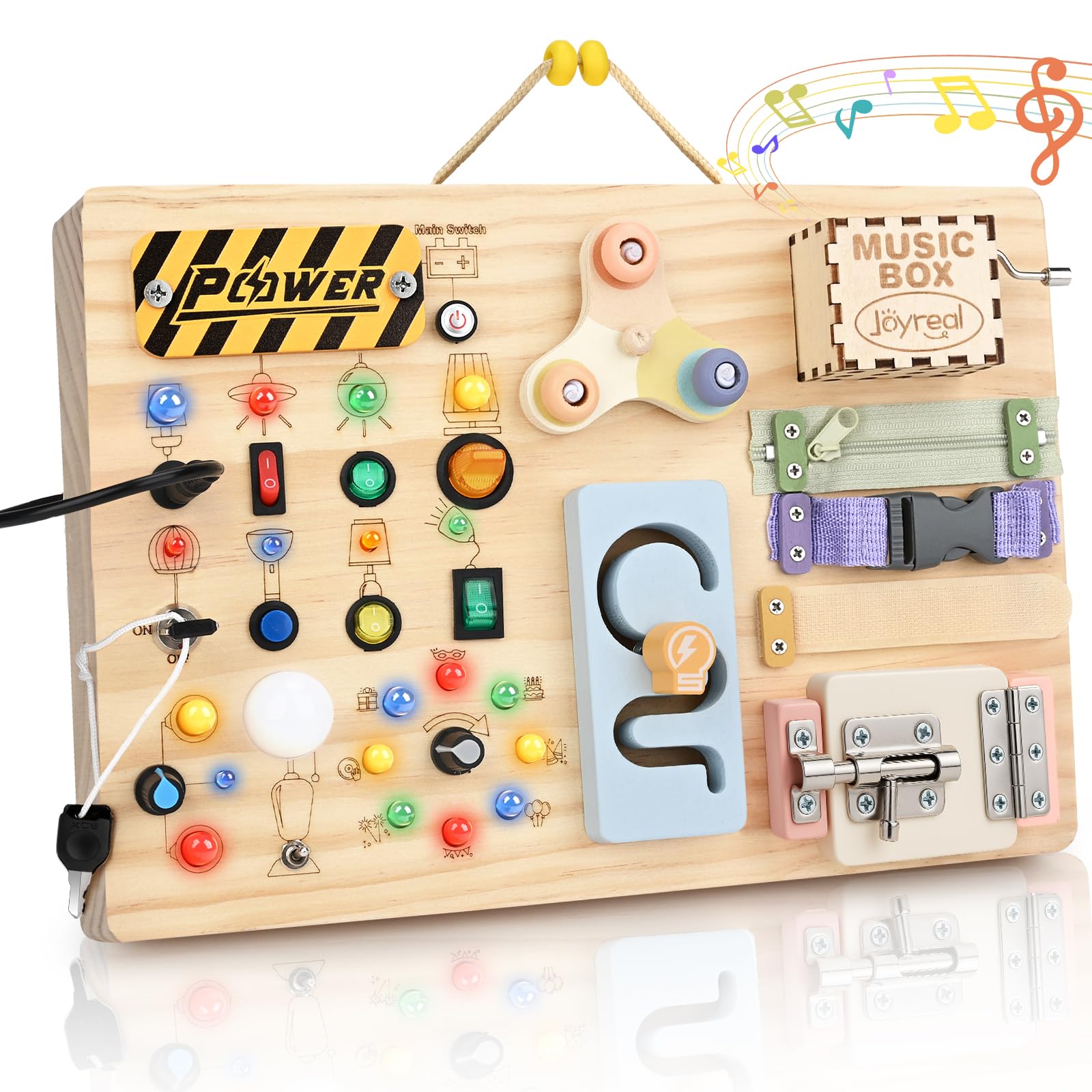 Joyreal Wooden Busy Board for Toddlers, Activity Montessori Toy for 2 3 Year Old, with 20 LED Lights 19 Fine Motor skills, Music Box, Birthday Easter for Boys Girls