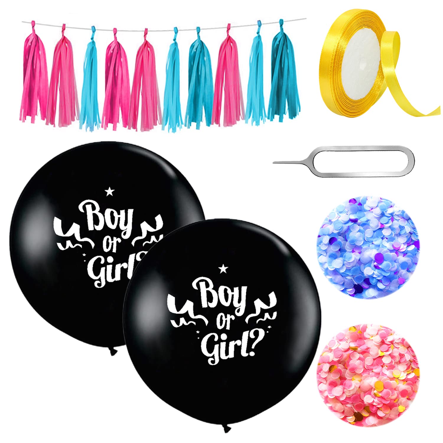 Gender revealing balloon, 2 latex balloons, with 1 ribbon, 10 paper tassels, 1 retrieval card pin, for boys' and girls' birthday parties, baby showers, party revealing party sets