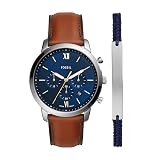 Fossil Men's Watch and Bracelet set, Neutra Quartz Stainless Steel and Chronograph Leather Watch for Men, Color: Silver, Brown Bracelet Set