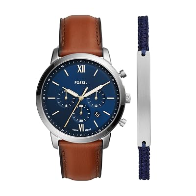 Fossil Men's Watch and Bracelet set, Neutra Quartz Stainless Steel and Chronograph Leather Watch for Men, Color: Silver, Brown Bracelet Set