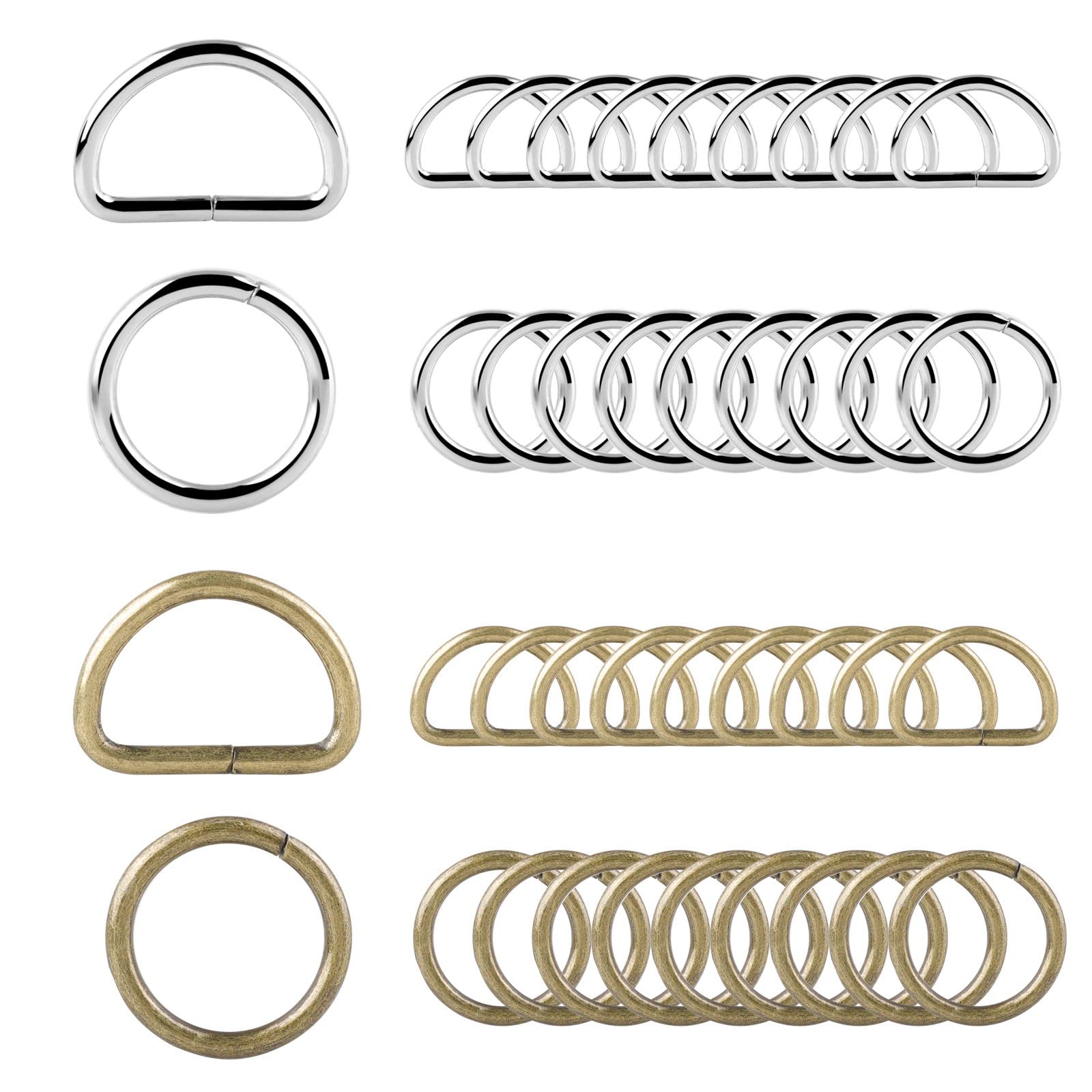 Roosea 20Pcs Metal D Rings 30mm with 20Pcs O Rings Buckle 25mm, D-Shape Buckle, D Rings for Bags, Buckles for Hardware Bags Belt DIY (Bronze + Silver)