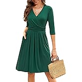 Zattcas Womens 2026 Wrap V Neck 3/4 Sleeve Cocktail Dress Pleated A Line Fit and Flare Wedding Guest Dress with Pockets