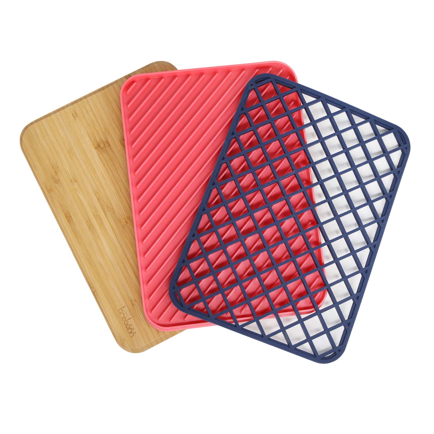 Trebonn Trilogy Chop Drain & Rest, Kitchen Set with Bamboo Chopping Board 34 x 24 cm, Draining Board, and Silicone Trivet Rest