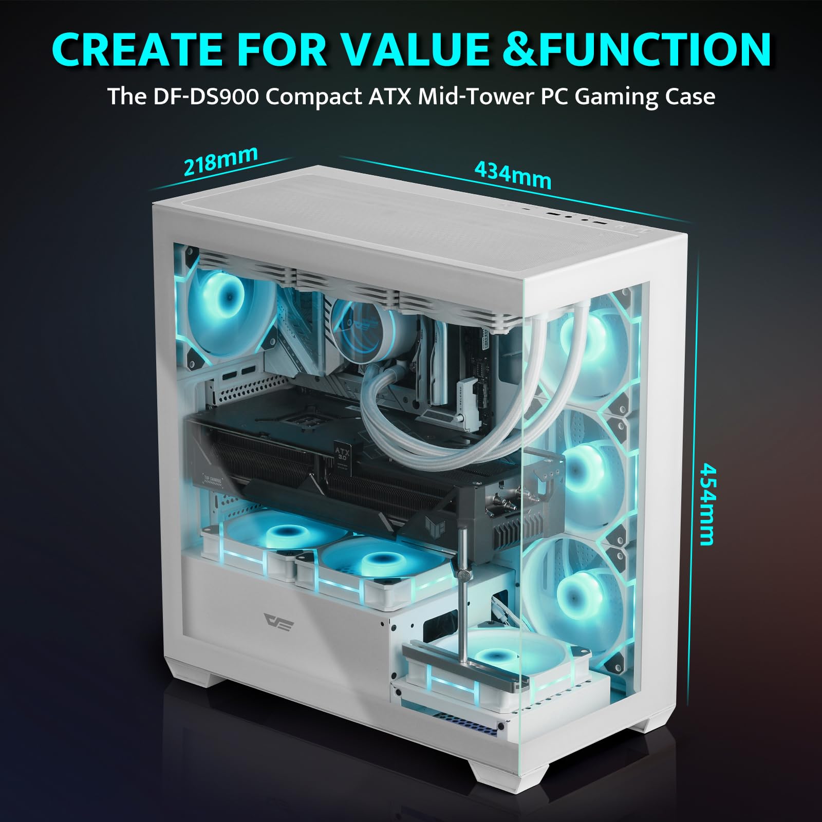 darkFlash ATX Mid-Tower PC Case, Pre-Install 4 PWM ARGB Fans Computer Case, Full View Dual Tempered Glass Gaming PC Case, Type C Port, Supports up to 360mm Water Cooling Radiator,White(DS900)