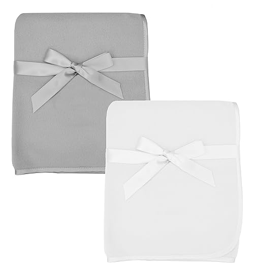 American Baby Company 2-Piece Fleece Blanket with Silk-Like Satin Trim set, Soft, Warm & Cozy, Gray and White, 30" x 30" for Boys and Girls, Perfect for Baby Carrier, Stroller, Travel and Gifting
