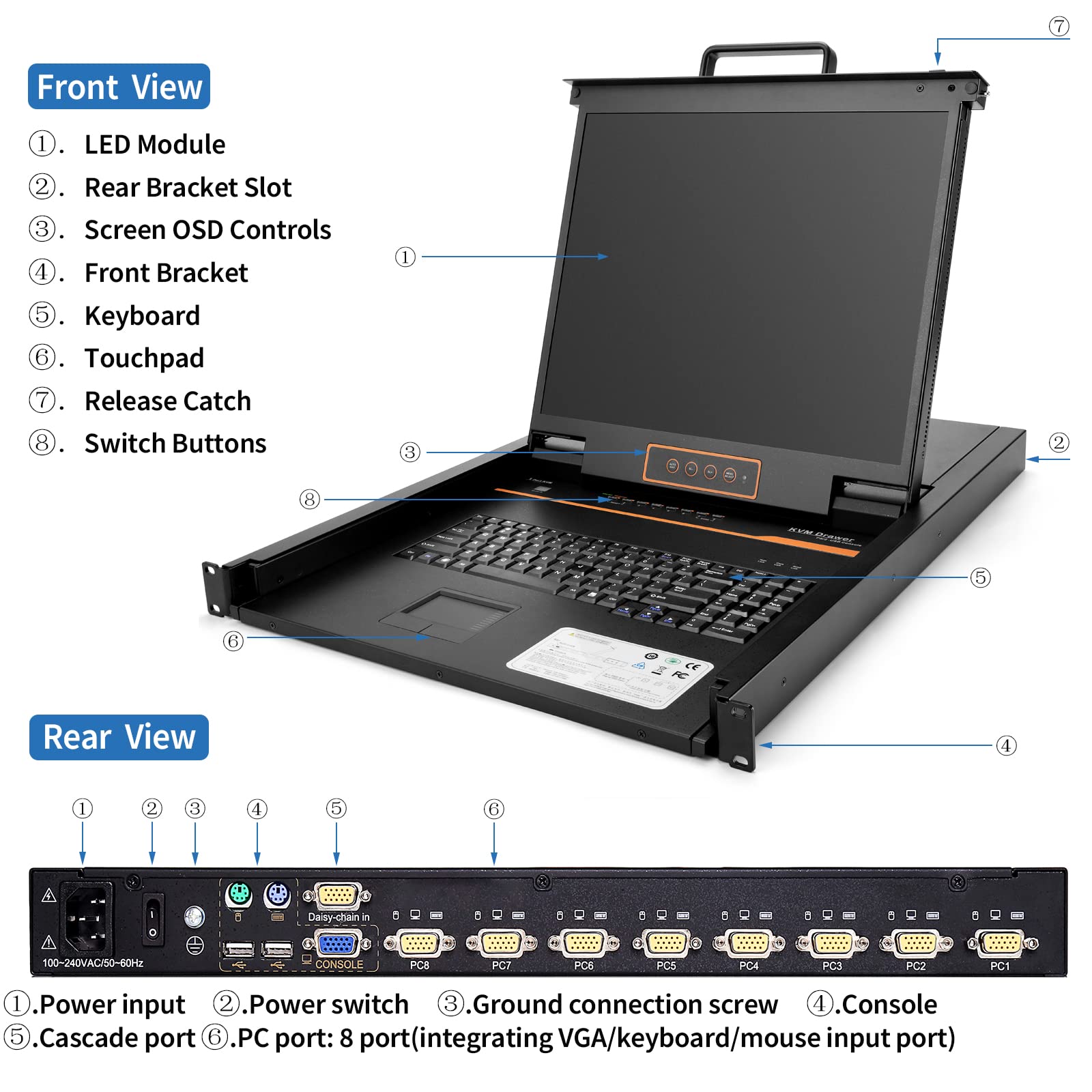 Mua 1U Rack Mount KVM Console Built-in 8 Port VGA KVM Switch, 19 ...