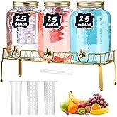 Lallisa 3 Pcs 2.5 Gallon Beverage Dispensers for Parties Glass Drink Water Dispenser with Stand Stainless Steel Leakproof Spigot Ice Cylinder Hanging Chalkboard Signs Pen(Gold)