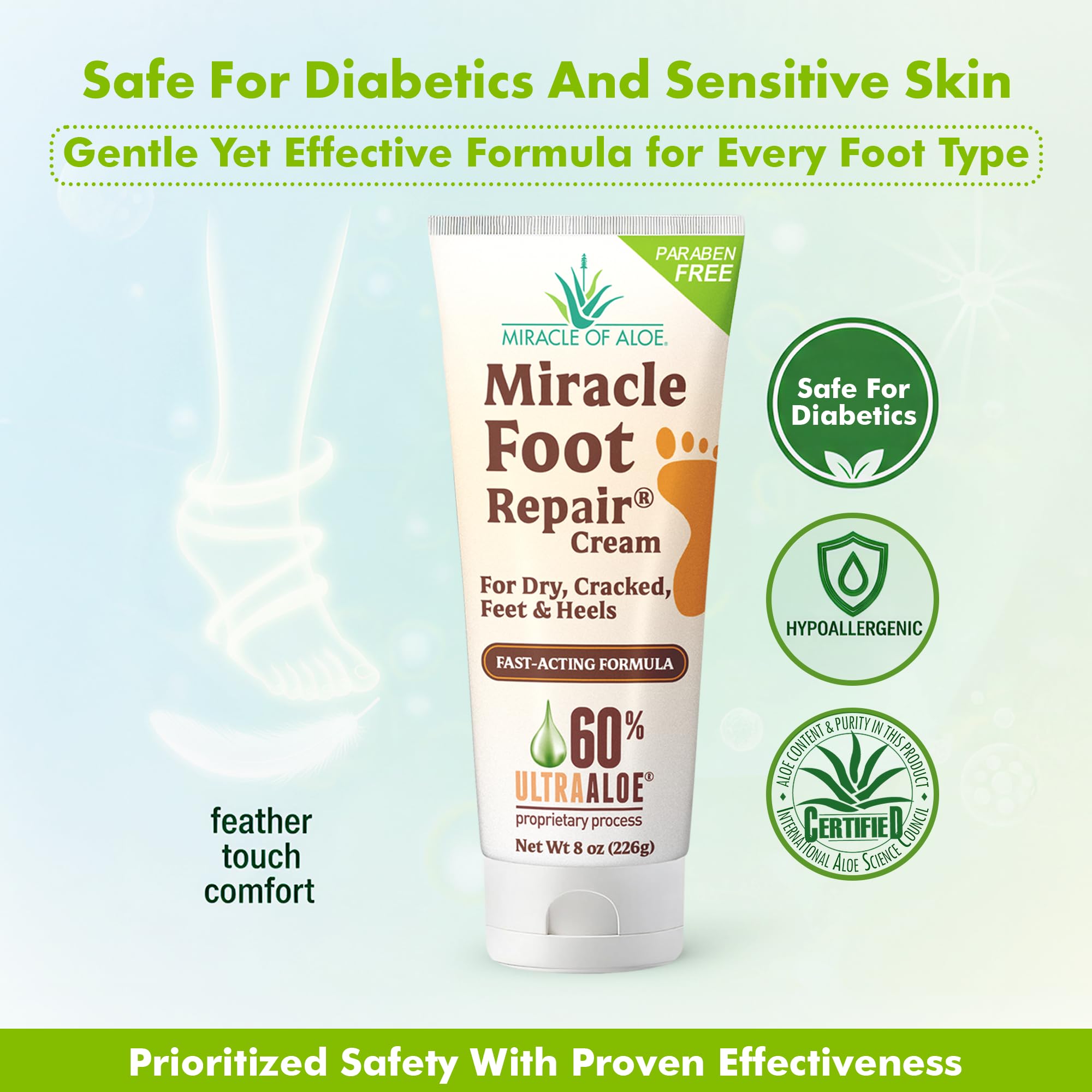 Miracle Foot Repair Cream (8 oz) Repairs Dry Cracked Heels and Feet, 60% Pure UltraAloe Moisturizes, Softens, and Repairs