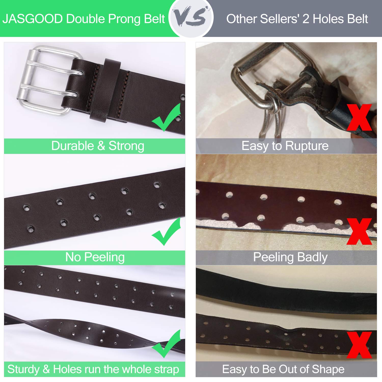 JASGOOD Men Double Prong Belt,Black Work PU Leather Belts for Men Jeans-Mens Casual Dress Belt for Pants(Black,Fit pant size below 39Inch)