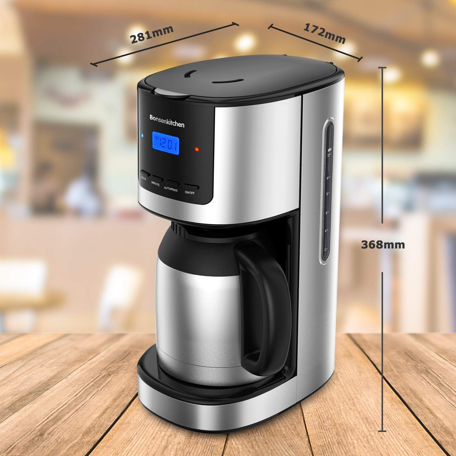1,5L Pantalla LED Bonsenkitchen Cafetera de Goteo con Jarra de Vacío de  Acero Inoxidable Filtro Reutilizable Cafeteras Electricas de 10-12 Tazas  Cafetera de Filtro con Programable y Temporizador Café y té Hogar