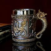alikiki Medieval D&D Dragon Coffee Mug - 15.8oz Stainless Gold Roaring Dragon Beer Drink Mug for GOT Lovers Collector Ideal Novelty Gothic Father Day Gift Party Decoration