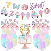 Two Sweet Ice Cream Birthday Party Decorations, Two Sweet Party Banner Cake Cupcake Toppers Macaron Balloons for Kid Ice Cream/Donut Theme Second Birthday Party Girls Ice Cream 2nd Bday Party Supplies