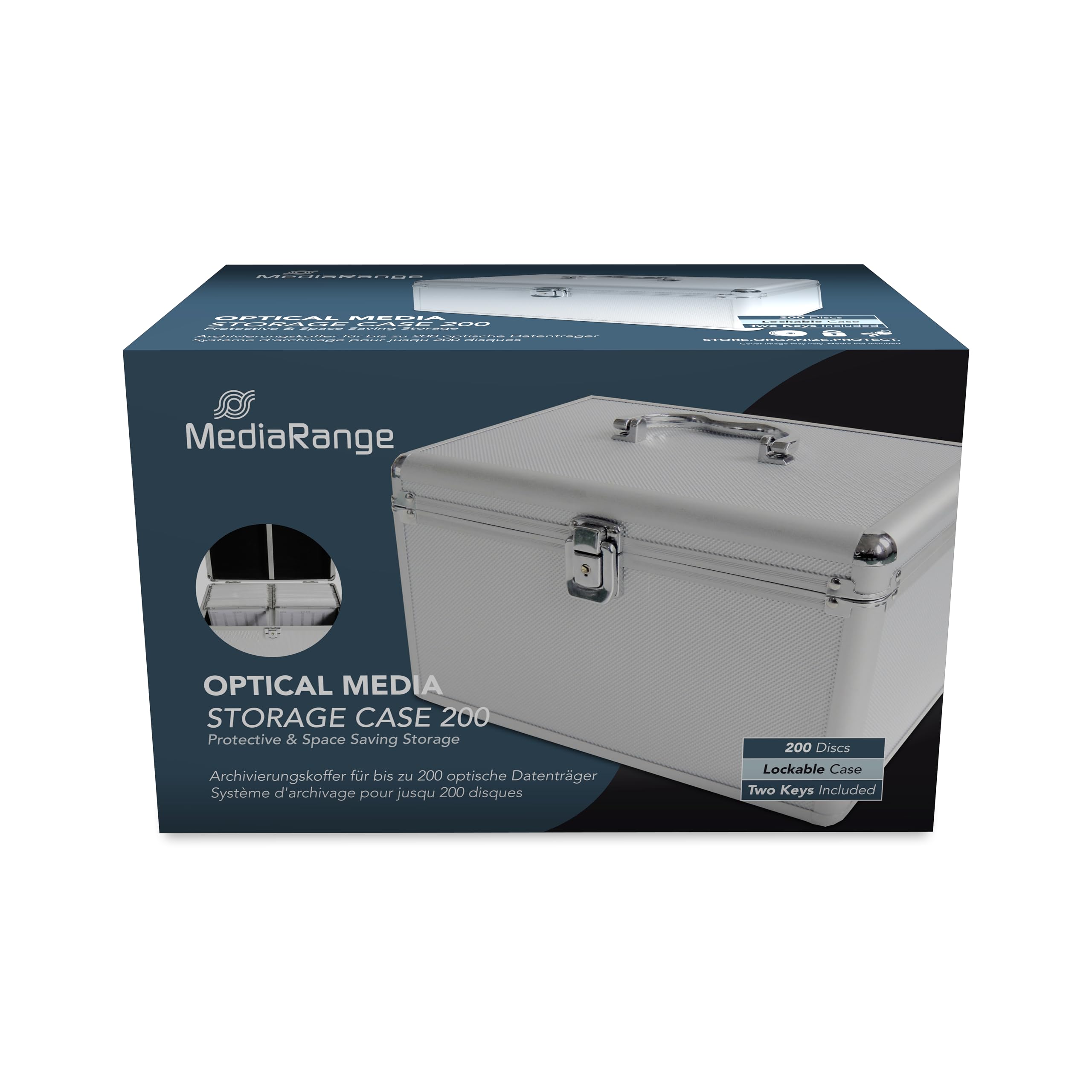 MediaRange Archiving Case for 200 Discs Aluminium Look with Hanging Pockets Silver 18 cm
