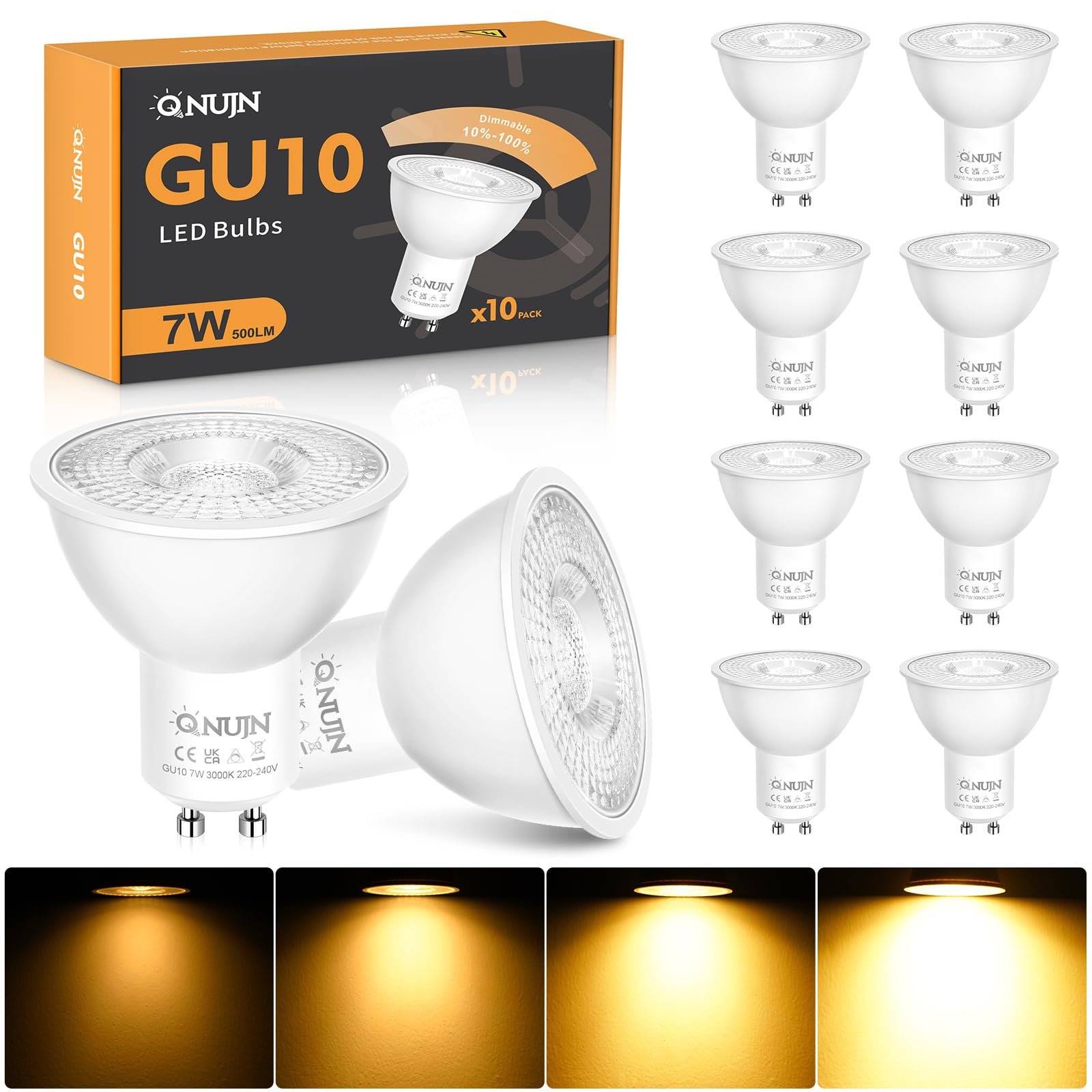QNUJN GU10 LED Bulbs Dimmable, Warm White 3000K LED Light Bulbs, 7W 500lm Energy Saving GU10 Bulbs, 50W Halogen Spotlight Equivalent, 38° Beam Angle, for Home Lighting Decor -10 Packs (SL-1705G)