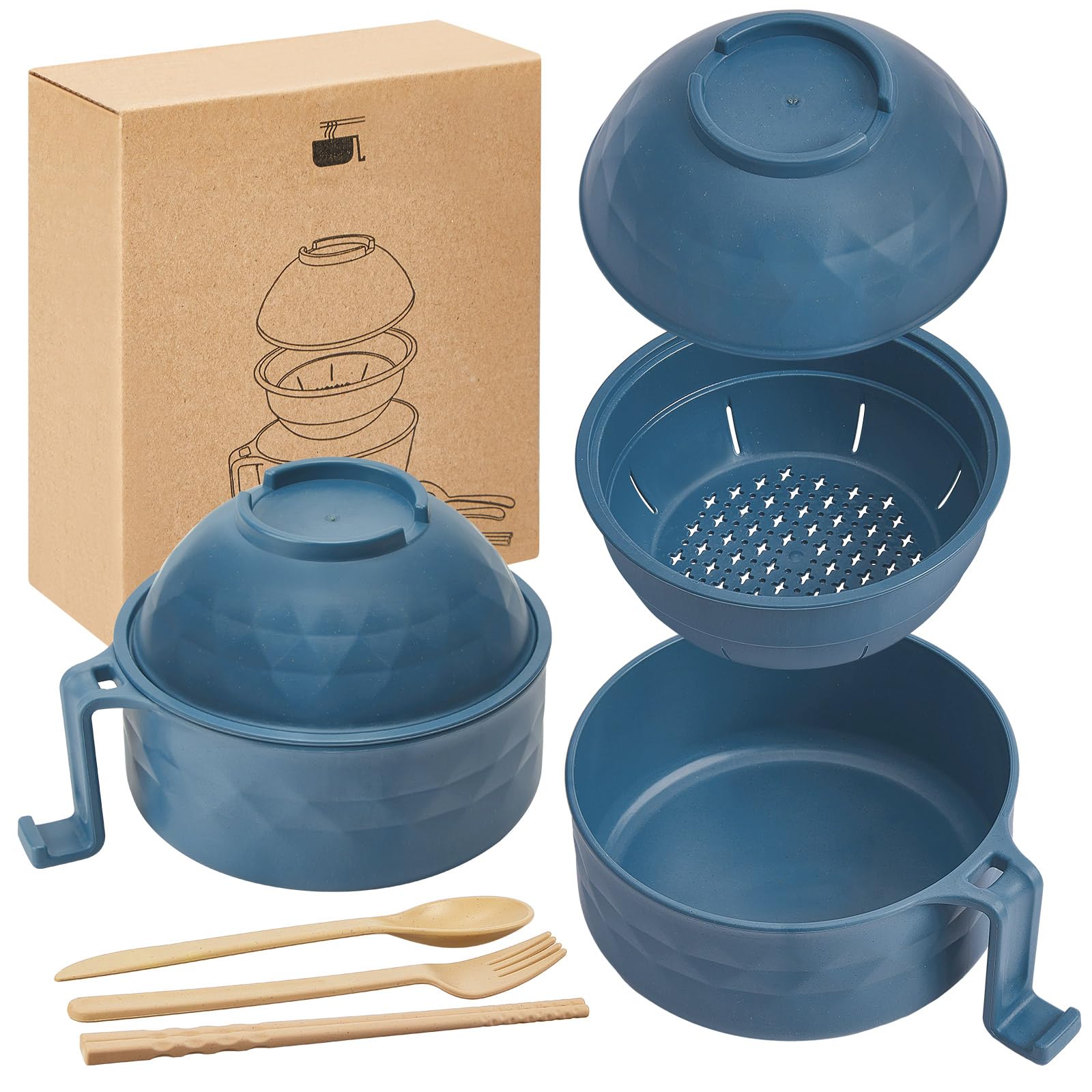 Photo 1 of 1 Set Microwave Ramen Cooker 40oz Wheat Straw Microwave Noodle Bowl Set with Chopsticks, Spoon, Fork, College Dorm Office Apartment Essentials (Dark Blue)