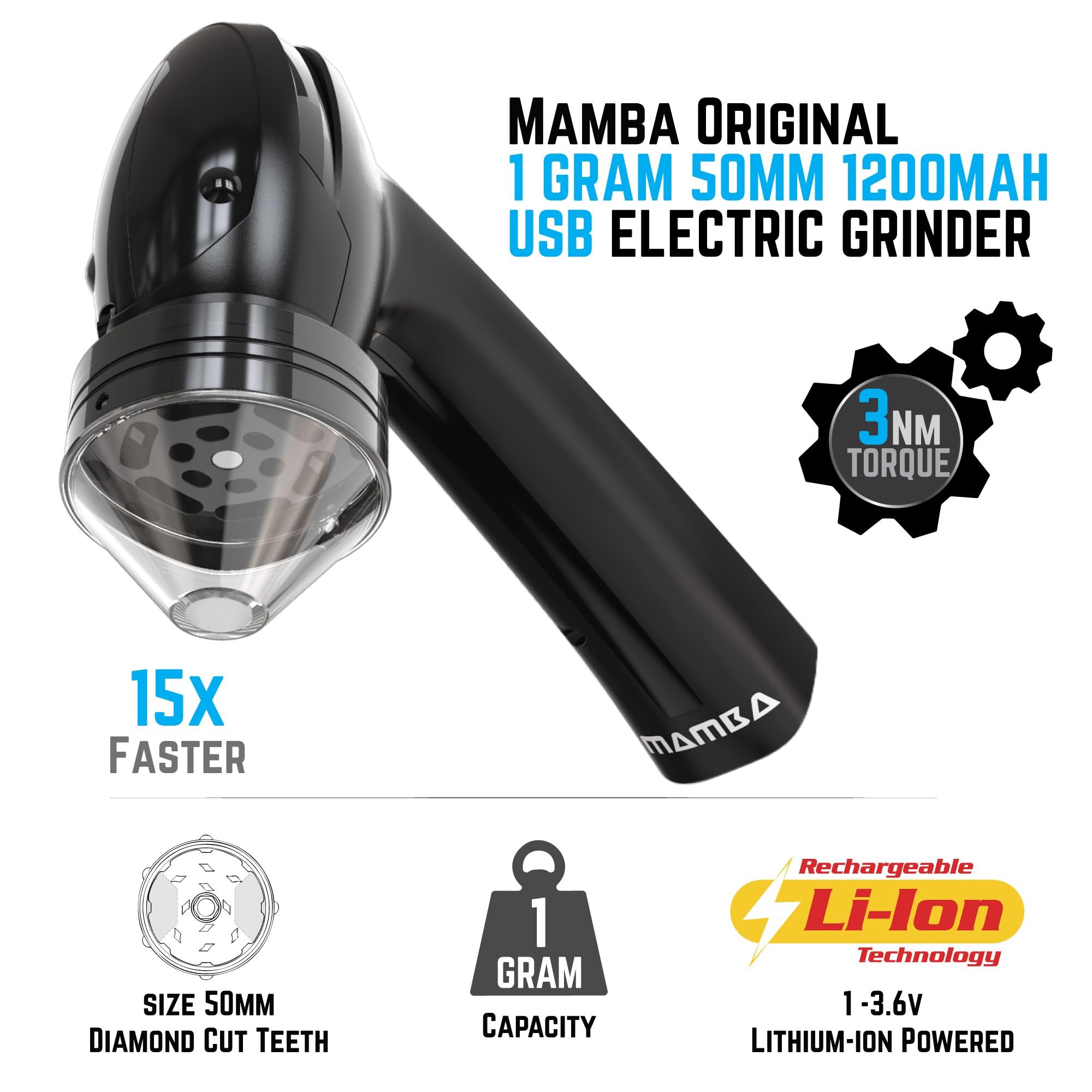 Mamba Original 1g Black USB Electric Herb Grinder. Small Portable Metal Herbal Machine & Spice Mill for the Kitchen
