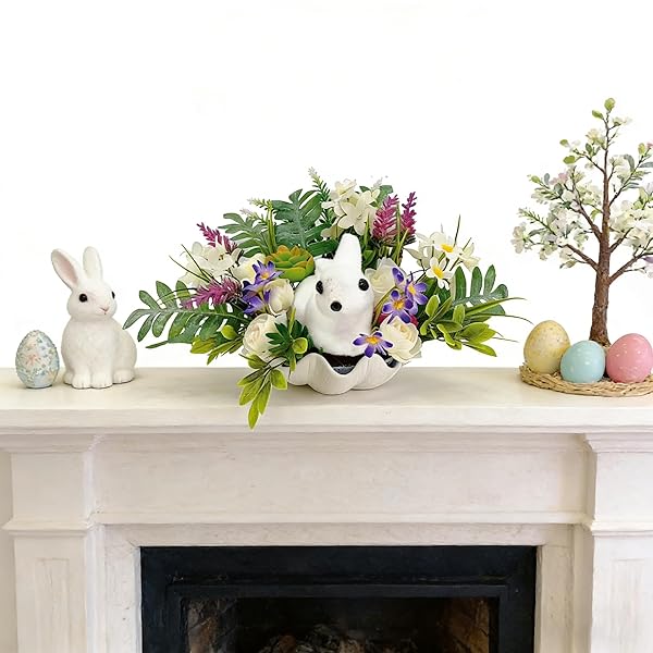 PCALYR 16 INCH ARTIFICIAL EASTER BUNNY FLORAL ARRANGEMENT, PLUSH BUNNY EASTER DECOR,BUNNY WITH FLOWER ORNAMENT,HOME DECOR FOR TABLE, MANTEL, INDOOR SPRING DECOR