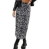 Avanova Women Mesh Floral Boho High Waist Midi Skirt Lettuce Trim Summer A Line Skirt A Floral Black Small