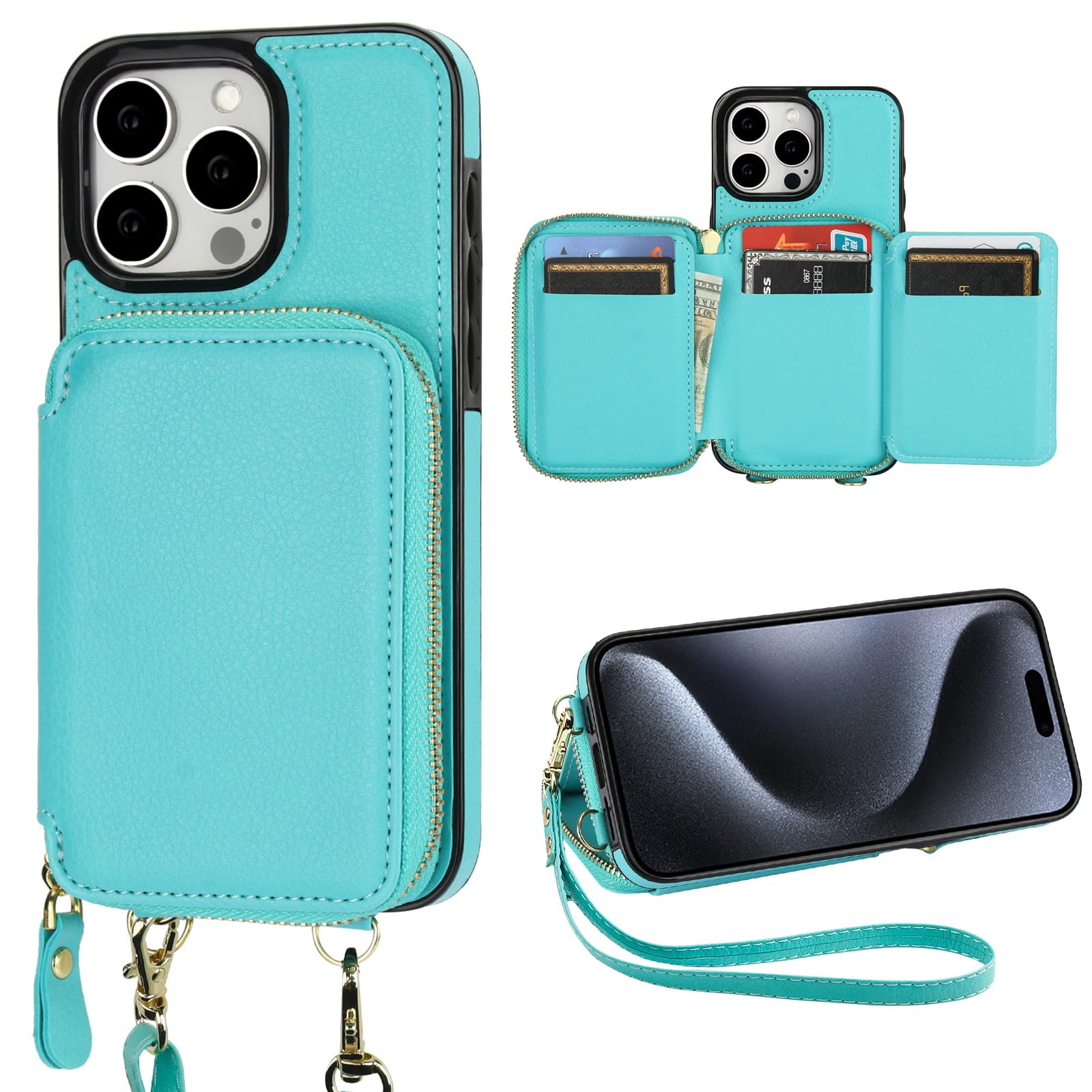 Bocasal RFID Blocking Wallet Case for iPhone 15 Pro Max, Adjustable Crossbody Zipper Purse Card Holder with Kickstand and Detachable Wrist Strap, PU Leather Flip Folio Case 6.7 Inch 5G (Mint Green)
