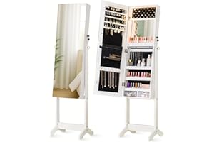 LUXFURNI LED Light Mirror Jewelry Cabinet Standing Jewelry Armoire, 60" Full Length Mirror with Storage, Built-in Makeup Mirror, 3 Adjustable Angles, Lockable Jewelry Mirror Organizer, White