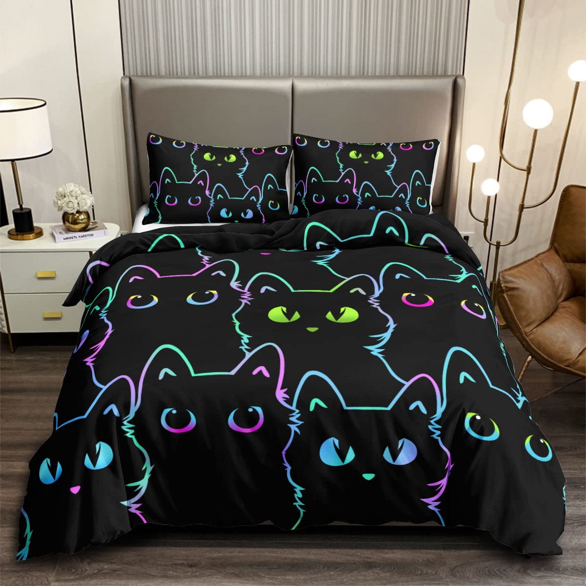 HOSIMA Cat Duvet Covers Sets for Boys and Girls, Kids Cute Colorful Gradient Line Cartoon Black Cat Comforter Cover with 2 Pillowcases(Cat Superking) — image 1