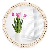 Eorbow Boho Wall Mounted Mirror, 12 Inch Round Wooden Bead Hanging Mirrors, Rustic Decorative Vanity Mirror, Farmhouse Circle Decor Mirrors for Living Room, Bedroom, Bathroom, Nursery