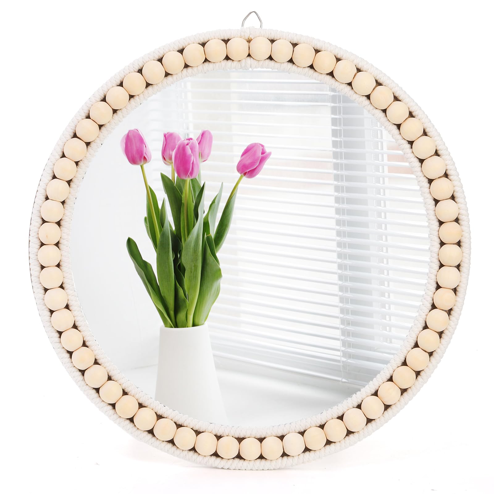 Photo 1 of Eorbow Boho Wall Mounted Mirror, 12 Inch Round Wooden Bead Hanging Mirrors, Rustic Decorative Vanity Mirror, Farmhouse Circle Decor Mirrors for Living Room, Bedroom, Bathroom, Nursery