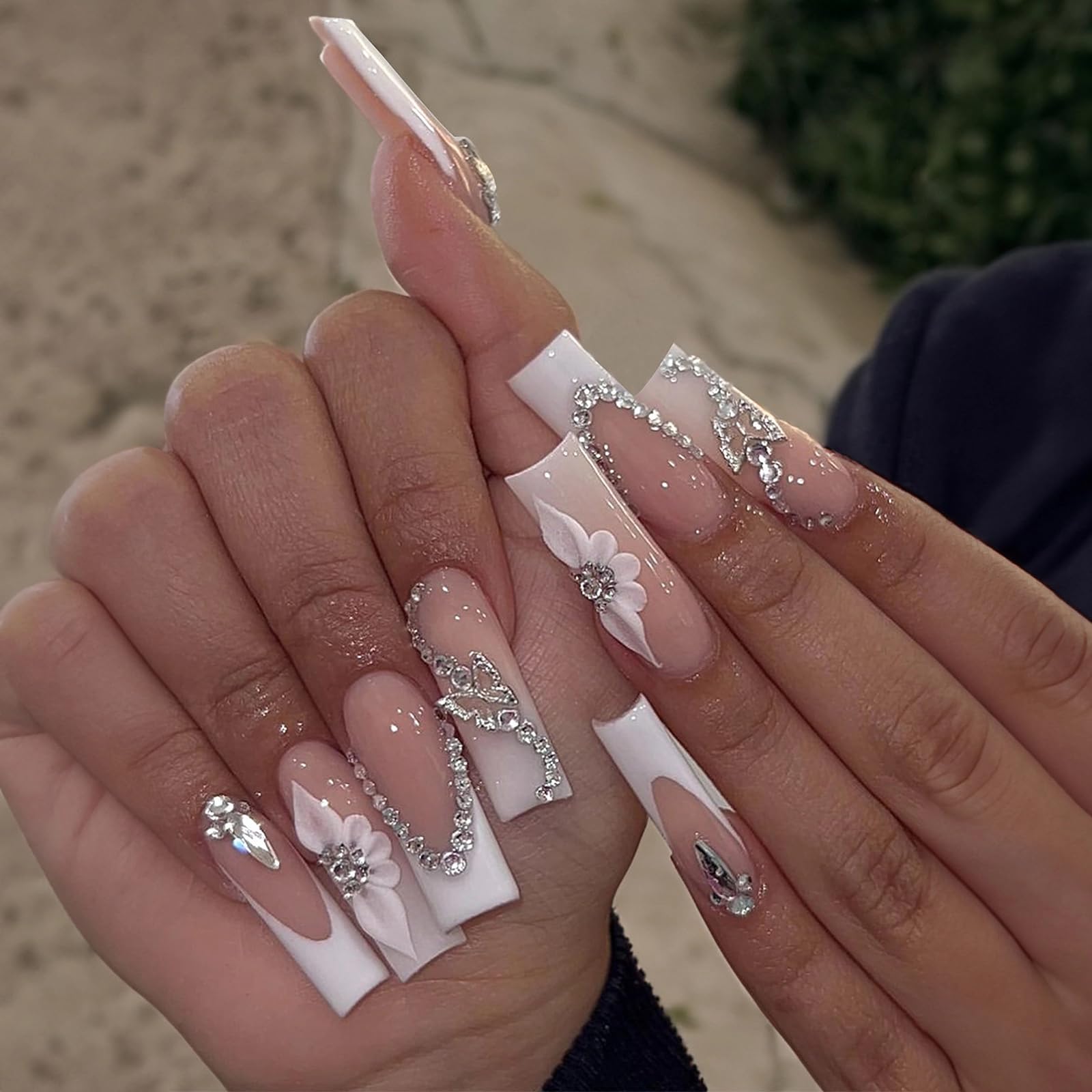 MISUD Long Square Press on Nails Squoval Fake Nails Glossy Glue on Nails White French Tip Acrylic Nails Wedding Artificial Nails Flower Buterfly Rhinestone Stick on False Nails with Design 24 pcs