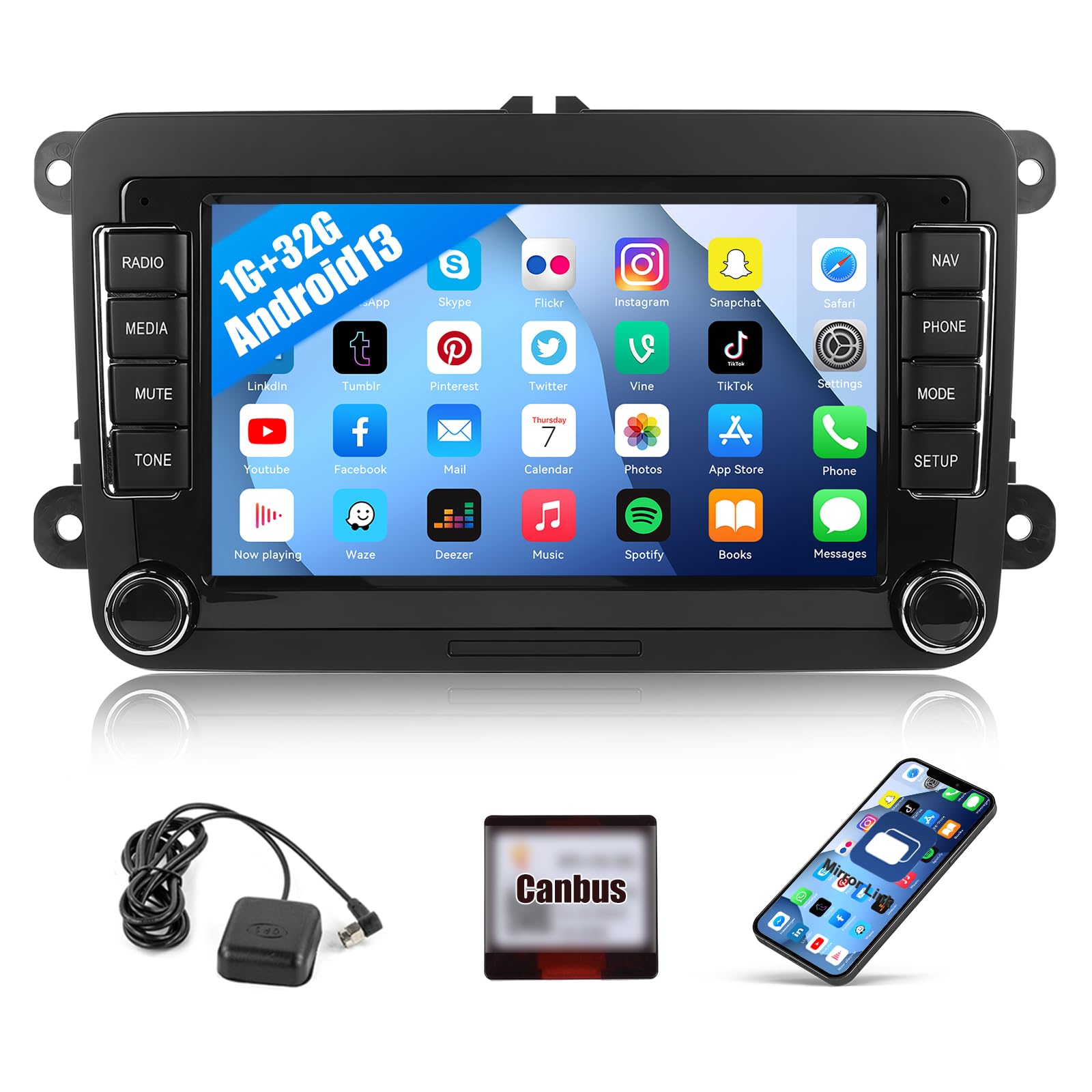 Photo 1 of 1+32GB Android Car Radio Stereo for Volkswagen VW Jetta Tiguan Beetle Passat Golf Polo Skoda 7" Touch Screen Car Stereo with GPS Navigation WiFi Bluetooth FM RDS Audio Receiver Dual USB SWC Head Unit