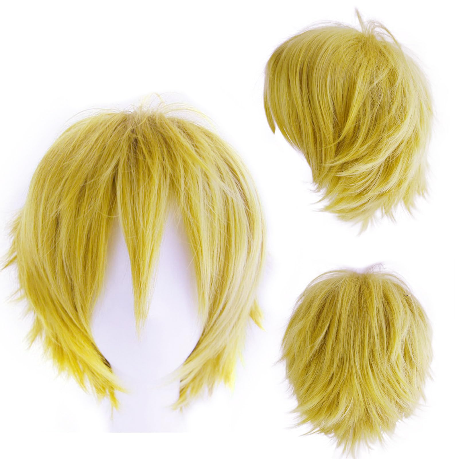 DCBABOO Fluffy Anime Cosplay Wig - Yellow, 12" Curly Straight Layered Synthetic Wig for Men, Women, Halloween - Fancy Dress