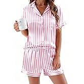 Ekouaer Womens Silk Satin Pajamas Sets 2 Piece Short Sleeve Sleepwear Button Down Top and Shorts Pjs Lounge Wear Sets