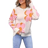 LAVANACE Women's Long Sleeve Crewneck Floral Sweater Fall Casual Cute Oversized Knitted Pullover Jumper Top