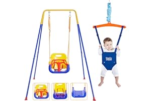 FUNLIO 2 in 1 Swing Set for Toddler & Baby Jumper, Heavy Duty Kids Swing & Bouncer with 4 Sandbags, Foldable Metal Stand for Indoor/Outdoor Play, Easy to Assemble and Store