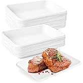 WRINGKIT 100 Piece White Rectangle Plastic Plates, 8 Inch Supermarket Meat Tray, Heavy-Duty Party Dessert Plate, Plastic Dinner Plates for Warm And Cold Foods, BBQ Grill Roast Food Plate